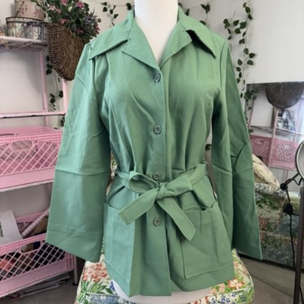 Vintage Fire Islander Green Belted Light Coat | 70s Button-Up Jacket Size 11/12